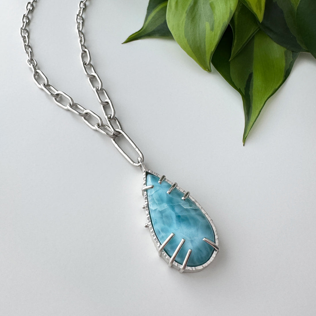 Balance Gem Statement Necklace with Links - Larimar Cabochon - Bright Sterling