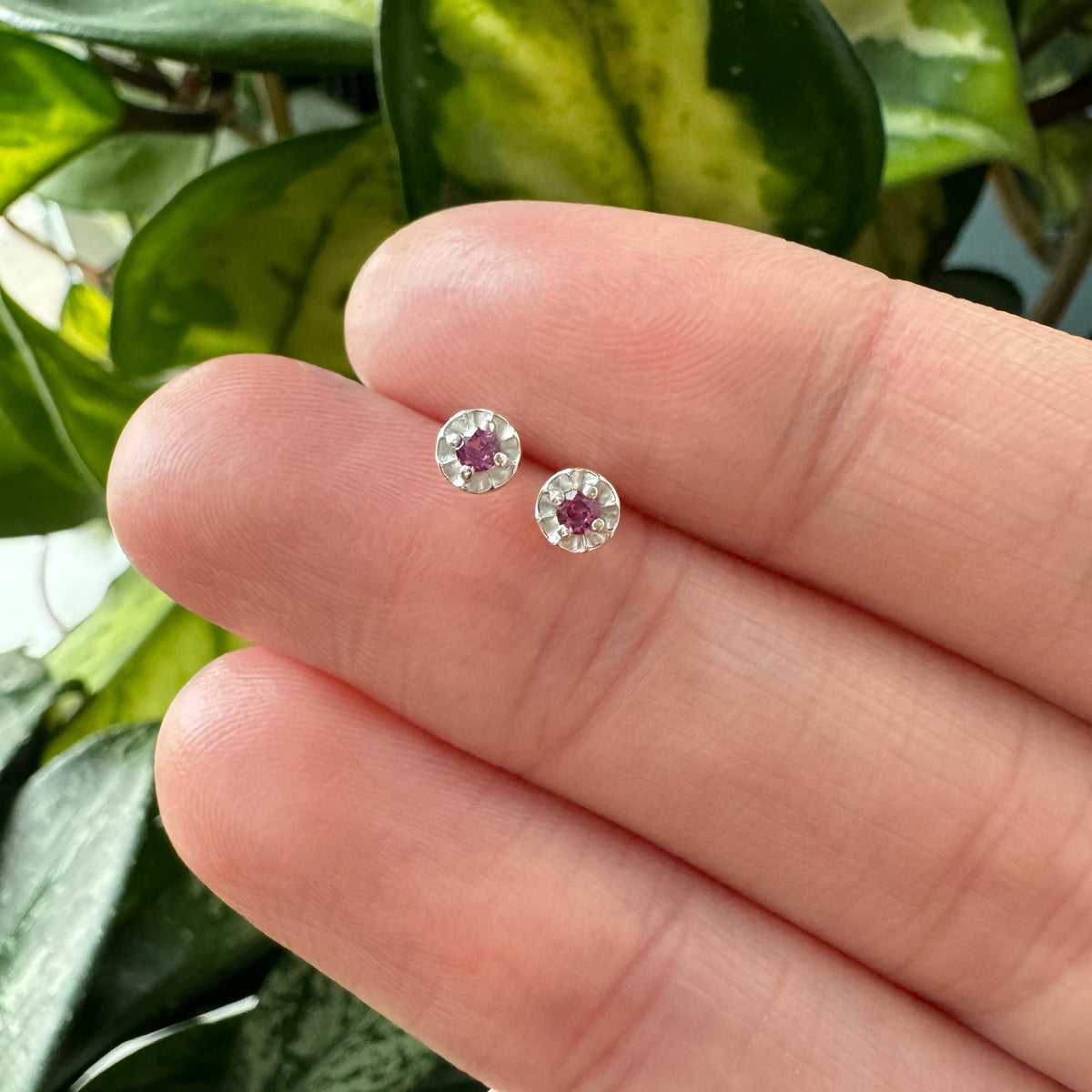 Tiny Star Studs - Rhodolite Garnet & Bright Sterling