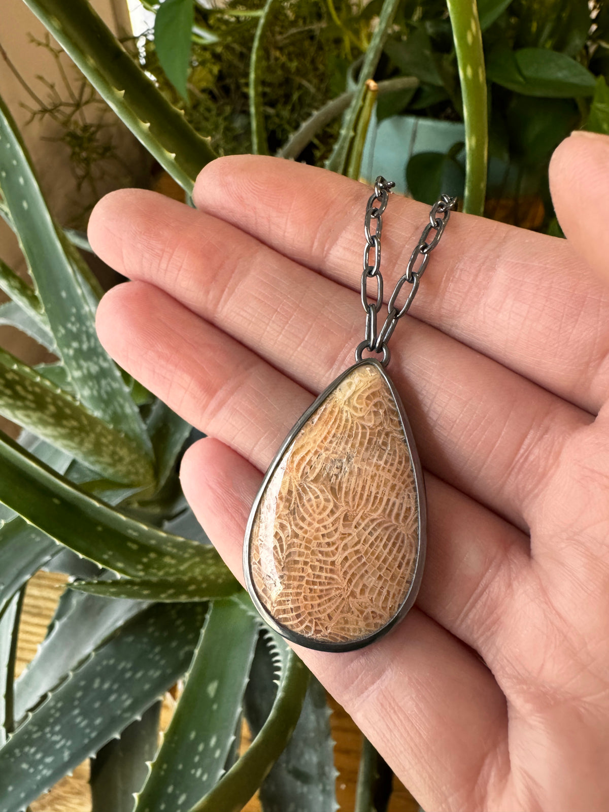 Balance Statement Necklace - Teardrop Fossilized Coral - Dark Sterling