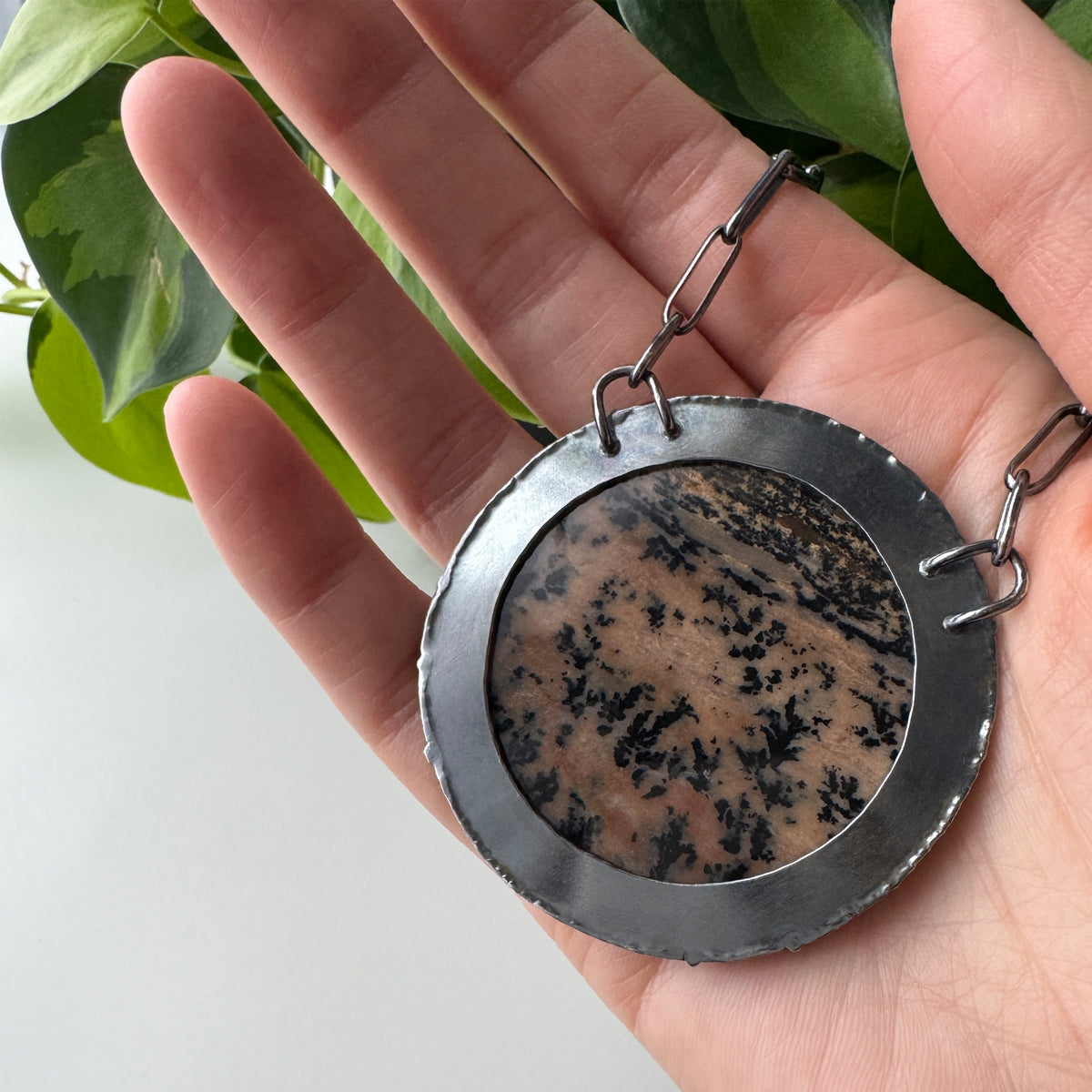 One of a Kind Balance Statement Necklace - Honey Dendritic Agate - Dark Sterling