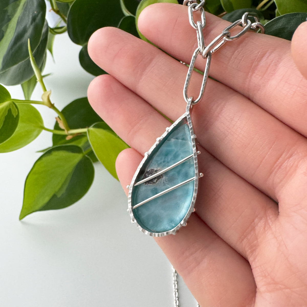 Balance Gem Statement Necklace with Links - Larimar Cabochon - Bright Sterling