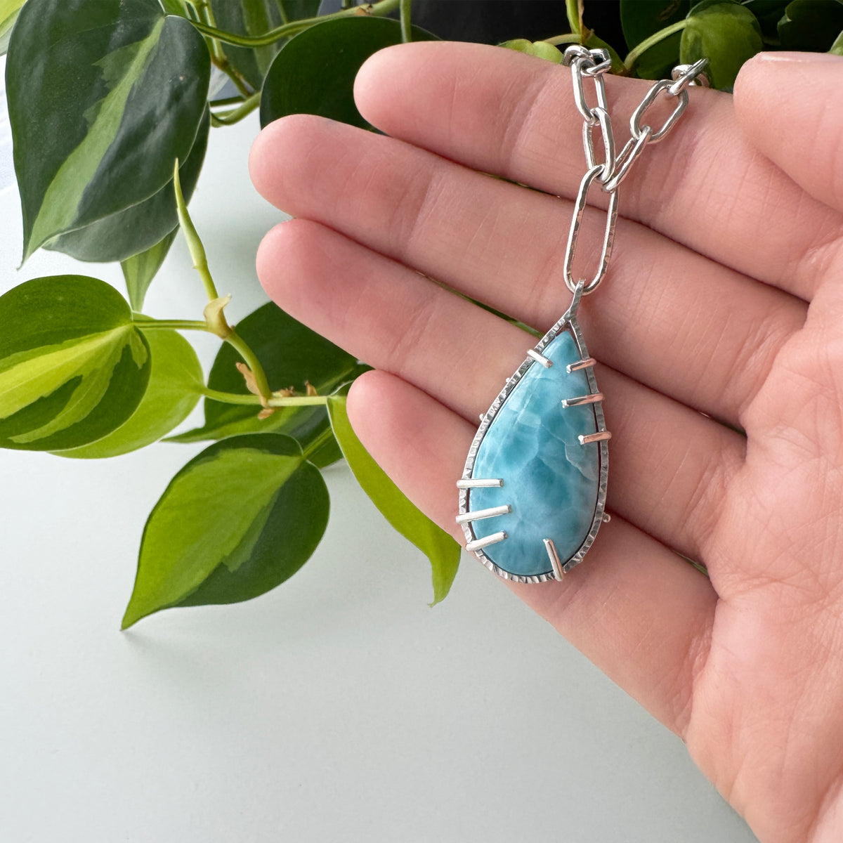 Balance Gem Statement Necklace with Links - Larimar Cabochon - Bright Sterling