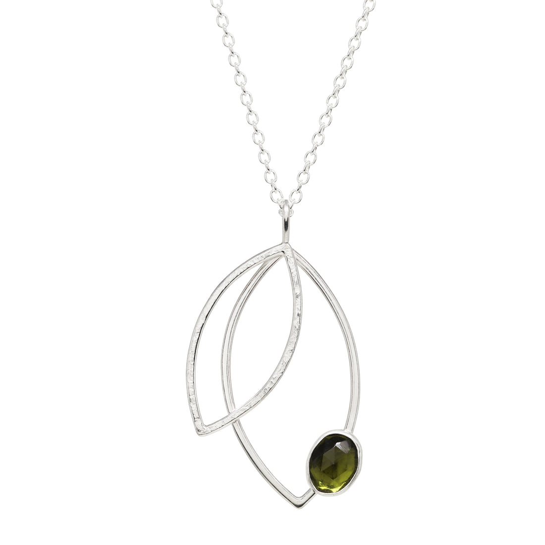 Double Leaf Gem Statement Necklace - Moldavite - Bright Sterling