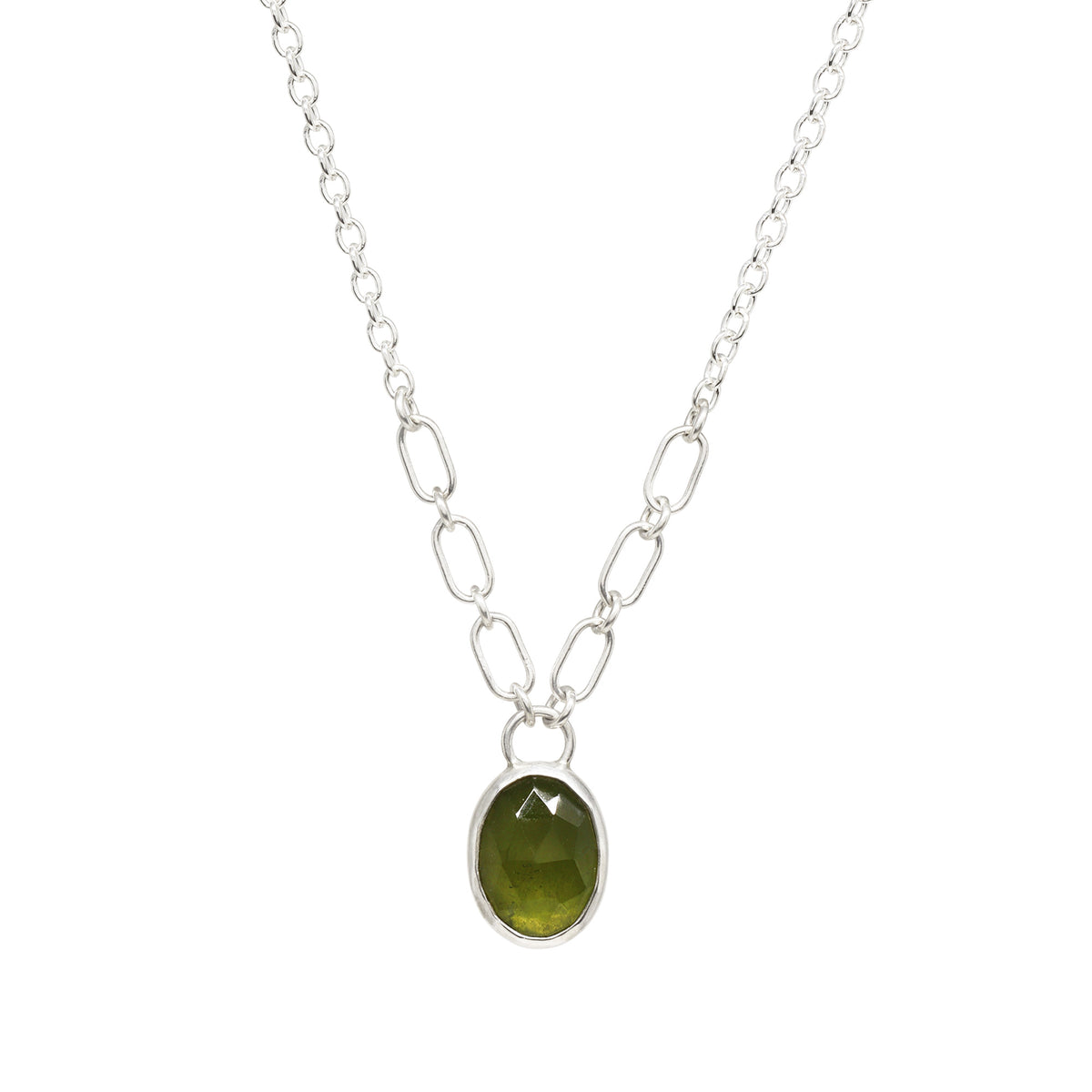 Balance Gem Necklace with Links - Rose Cut Vesuvianite - Bright Sterling